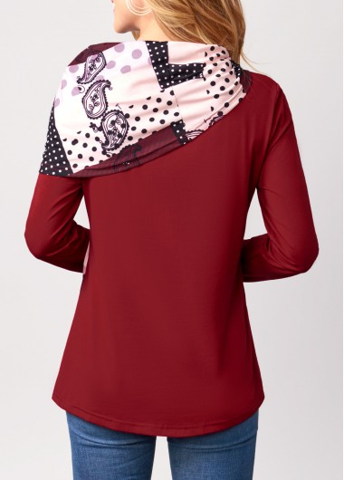 Wine Red tops,Geometric tops,ROTITA Polka Dot Wine Red Decorative Button Valentines T Shirt