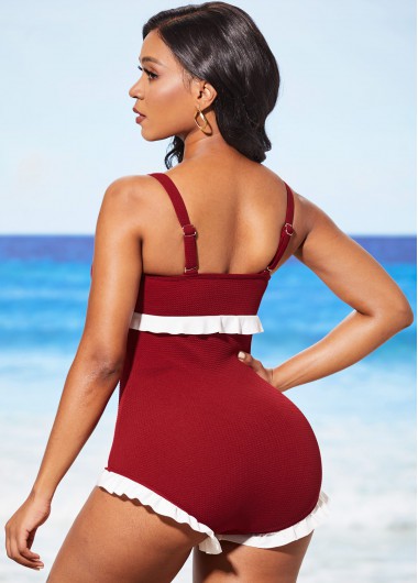 Wine Red swimwear,Contrast Color swimwear,ROTITA Flounce Lace Up Wine Red One Piece Swimwear