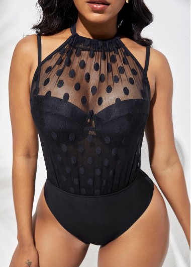 Black swimwear,Plain Color swimwear,ROTITA Black Mesh Stitching Polka Dot One Piece Swimwear