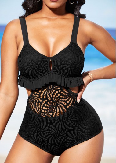 Black swimwear,Plain Color swimwear,ROTITA Black Lace Patchwork Flounce Pierced One Piece Swimwear