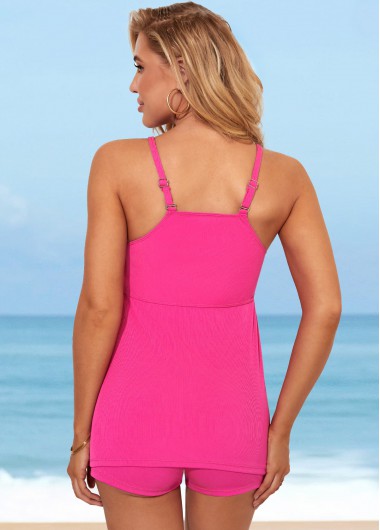 Hot Pink swimwear,Plain Color swimwear,ROTITA Spaghetti Strap Rose Red Mesh Stitching Tankini Set