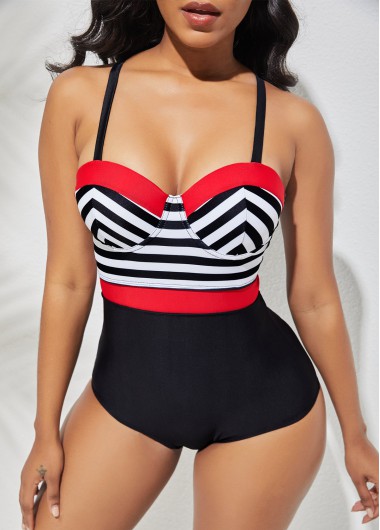 Multi Color swimwear,Striped swimwear,ROTITA Spaghetti Strap Striped One Piece Swimwear