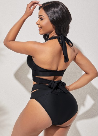 Black swimwear,Plain Color swimwear,ROTITA Halter Cross Strap Black Bikini Set