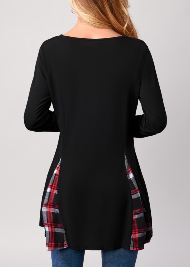 Black tops,Plaid tops,ROTITA Plaid Black Decorative Button T Shirt
