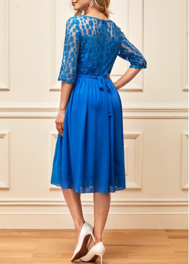 Blue dresses,Plain Color dresses,ROTITA Lace Stitching Blue 3/4 Sleeve Round Neck Dress