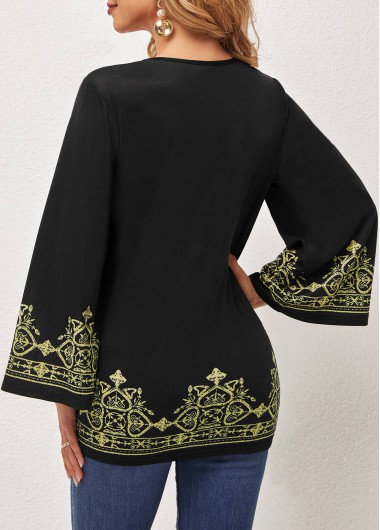 Black tops,Tribal tops,ROTITA Tribal Print V Neck Black T Shirt