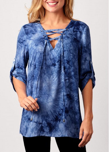 Blue tops,Tie Dye tops,ROTITA Tie Dye Blue Lace Up Blouse