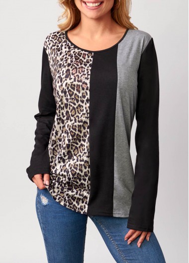 Black tops,Leopard tops,Leopard Black Round Neck Long Sleeve T Shirt