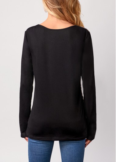 Black tops,Leopard tops,Leopard Black Round Neck Long Sleeve T Shirt