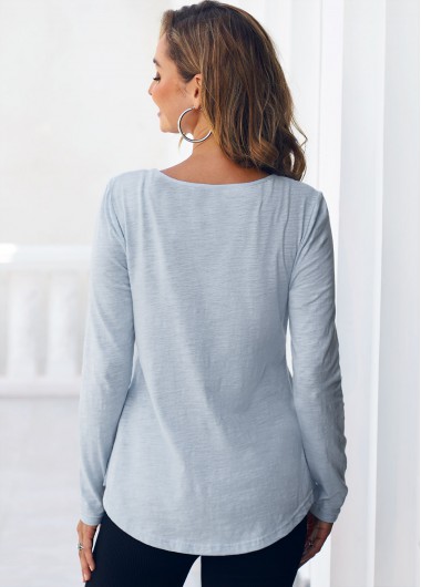 Dusty Blue tops,Plain Color tops,ROTITA Dusty Blue Lace Stitching Long Sleeve T Shirt
