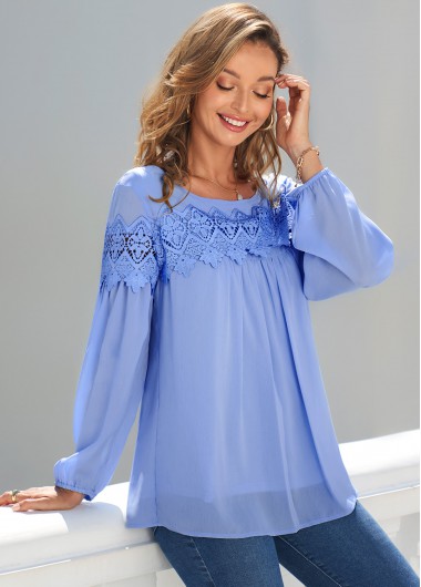 Blue tops,Plain Color tops,ROTITA Blue Lace Stitching Long Sleeve Blouse