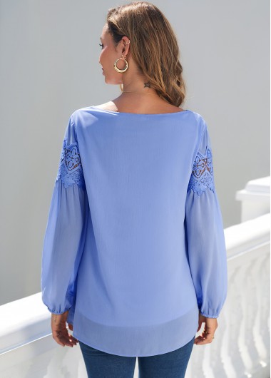 Blue tops,Plain Color tops,ROTITA Blue Lace Stitching Long Sleeve Blouse