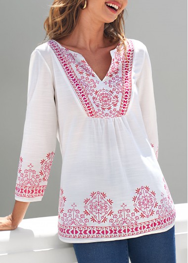White tops,Tribal tops,ROTITA White Tribal Print Split Neck Blouse