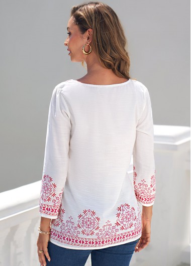 White tops,Tribal tops,ROTITA White Tribal Print Split Neck Blouse