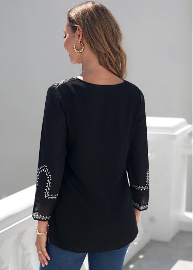 Black tops,Floral tops,ROTITA Black Printed Split Neck 3/4 Sleeve Blouse