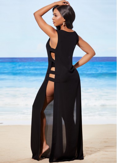 Black swimwear,Plain Color swimwear,ROTITA Black Sleeveless Ladder Cutout Cover Up