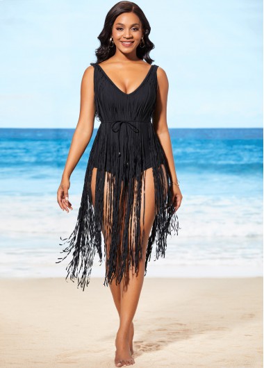 Black swimwear,Plain Color swimwear,ROTITA Black Tassel Hem Belted One Piece Swimwear
