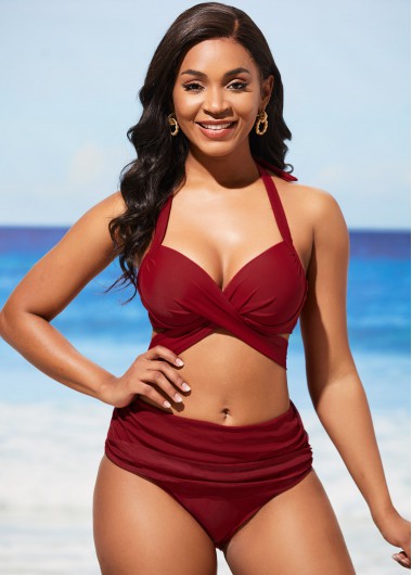 Wine Red swimwear,Plain Color swimwear,ROTITA Halter Wine Red Mid Waist Bikini Set