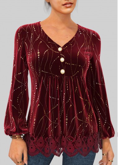 Wine Red tops,Floral tops,ROTITA Wine Red Velvet Stitching Hot Stamping Blouse