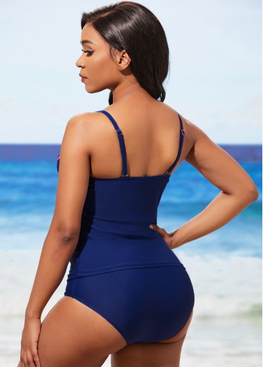 Navy swimwear,Contrast Color swimwear,ROTITA Decorative Button Contrast Stitch Navy Blue Tankini Set
