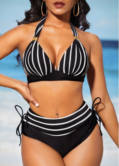 Black swimwear,Striped swimwear,ROTITA Black Tie Back Stripe Print Bikini Set