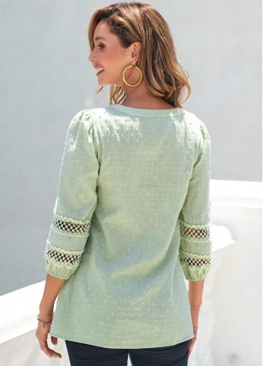 Light Green tops,Plain Color tops,ROTITA Lace Light Green Split Neck 3/4 Sleeve Blouse