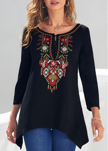 Black tops,Tribal tops,ROTITA Black Tribal Print Asymmetric Hem T Shirt
