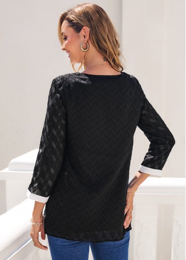 Black tops,Contrast Color tops,ROTITA Decorative Button Color Block 3/4 Sleeve Blouse