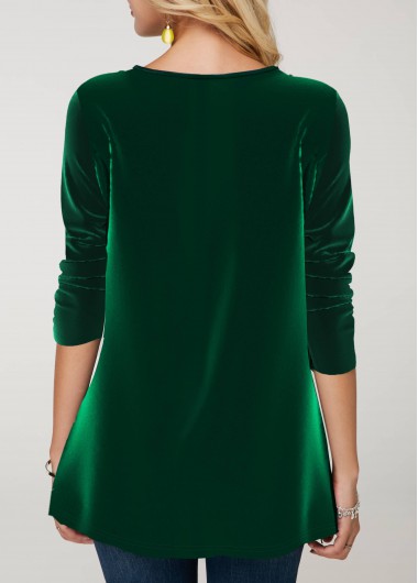 Green tops,Plain Color tops,ROTITA Sequin Green Velvet Stitching Round Neck Sweatshirt