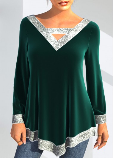 Green tops,Contrast Color tops,ROTITA Green Velvet Stitching Asymmetric Hem Sequin T Shirt