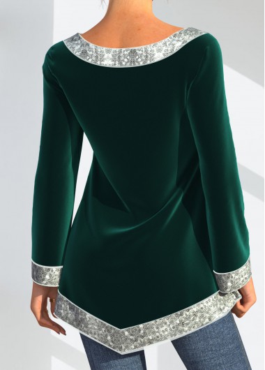 Green tops,Contrast Color tops,ROTITA Green Velvet Stitching Asymmetric Hem Sequin T Shirt