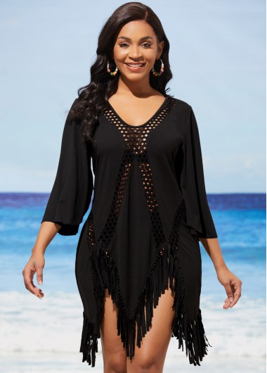 Black swimwear,Plain Color swimwear,ROTITA Black Tassel Asymmetric Hem Hollow Out Cover Up