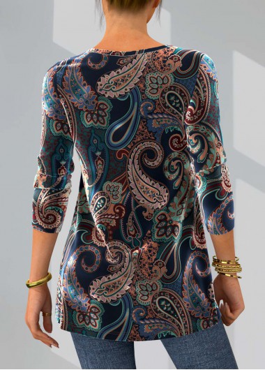 Blue tops,Paisley tops,ROTITA Paisley Print Crinkle Chest Velvet T Shirt