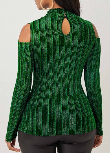 Blackish Green tops,Plain Color tops,ROTITA Cold Shoulder Dark Green Glitter Fabric T Shirt