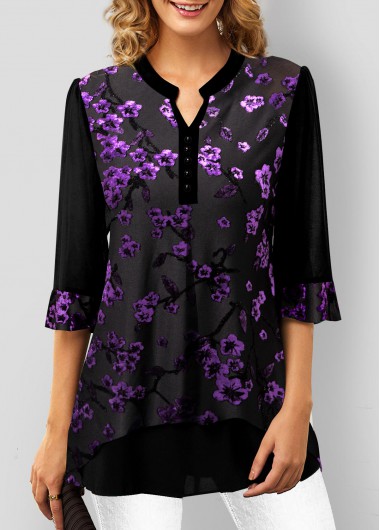 Purple tops,Floral tops,ROTITA Purple Velvet Stitching Split Neck Blouse