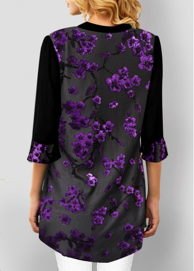 Purple tops,Floral tops,ROTITA Purple Velvet Stitching Split Neck Blouse