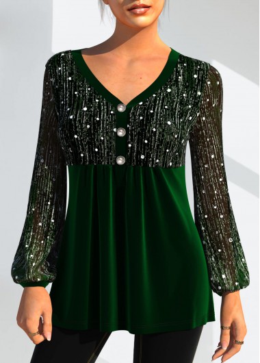 Blackish Green tops,Contrast Color tops,ROTITA Sequin Christmas Design Velvet Stitching T Shirt