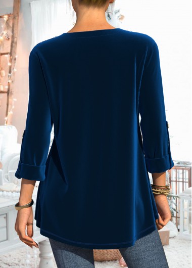 Blue tops,Plain Color tops,ROTITA Velvet and Lace Stitching Christmas Design Blue Blouse