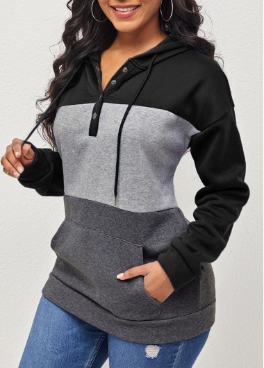 Black tops,Contrast Color tops,ROTITA Drawstring Black Kangaroo Pocket Long Sleeve Hoodie