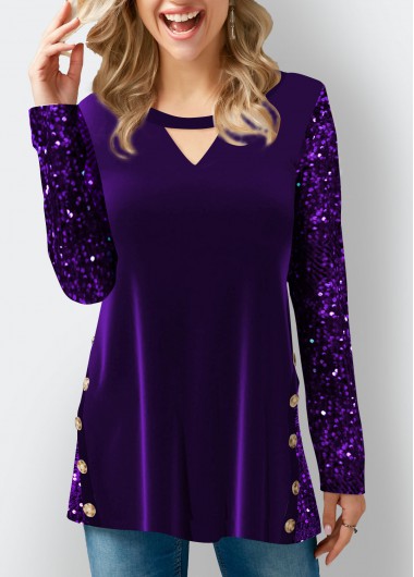 Purple tops,Plain Color tops,ROTITA Velvet Stitching Purple Sequin Decorative Button T Shirt