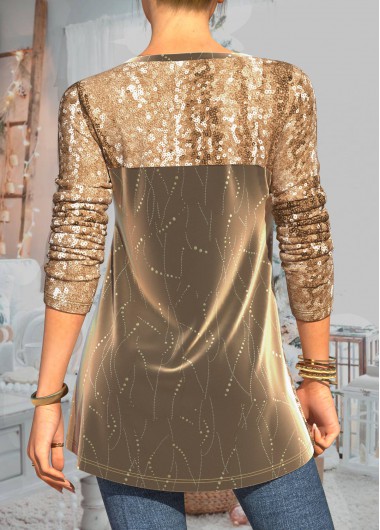 Gold tops,Plain Color tops,ROTITA Christmas Design Gold Sequin Lace Stitching T Shirt