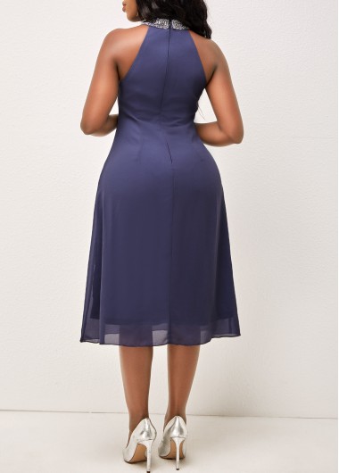 Dusty Blue dresses,Plain Color dresses,ROTITA Embellished Neck Solid Flounce Sleeveless Dress