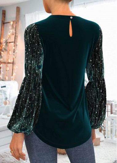 Blackish Green tops,Contrast Color tops,ROTITA Velvet Stitching Blackish Green Sequin T Shirt