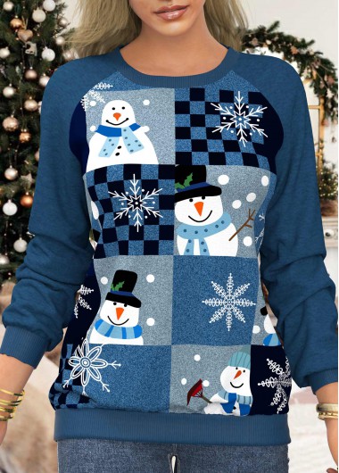 Blue tops,Christmas tops,ROTITA Blue Long Sleeve Christmas Snowman Print Sweatshirt