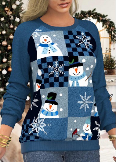 Blue tops,Christmas tops,ROTITA Blue Long Sleeve Christmas Snowman Print Sweatshirt