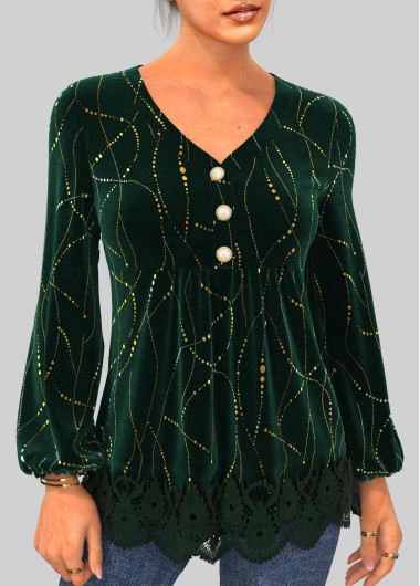 Blackish Green tops,Plain Color tops,ROTITA Dark Green Velvet Stitching Hot Stamping Blouse
