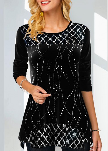 Black tops,Contrast Color tops,ROTITA Hot Stamping Black Round Neck Sweatshirt