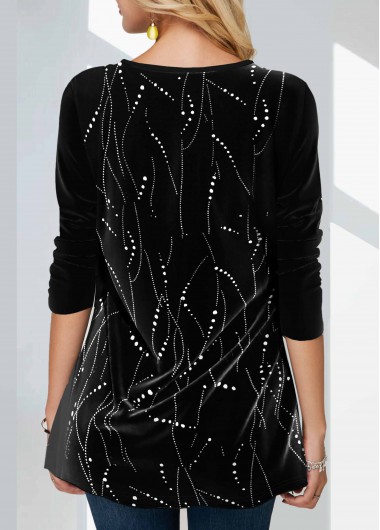 Black tops,Contrast Color tops,ROTITA Hot Stamping Black Round Neck Sweatshirt