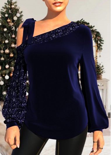 Navy tops,Plain Color tops,ROTITA Navy Blue Tie Shoulder Velvet Stitching Sequin T Shirt