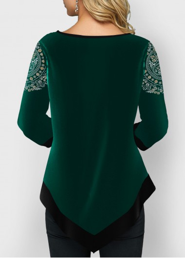 Blackish Green tops,Tribal tops,ROTITA Velvet Stitching Blackish Green Tribal Print T Shirt